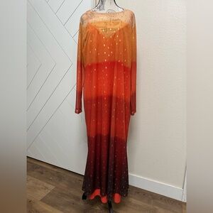 NFD Sunset Orange & Red Sheer Gradient Long Sleeve Dress with Gold Accents